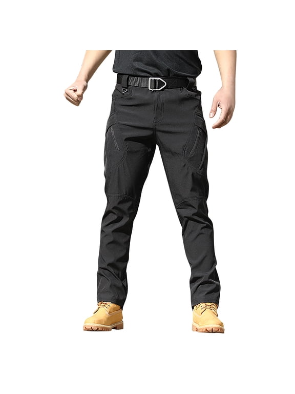 Work Trousers Men with Zip Pockets Slim Fit Cargo Trouser Solid Colour Combat Bottoms Straight Leg Tactical Pants Heavy Duty Workwear Mens Clothes for Walking Hiking (No Belt)