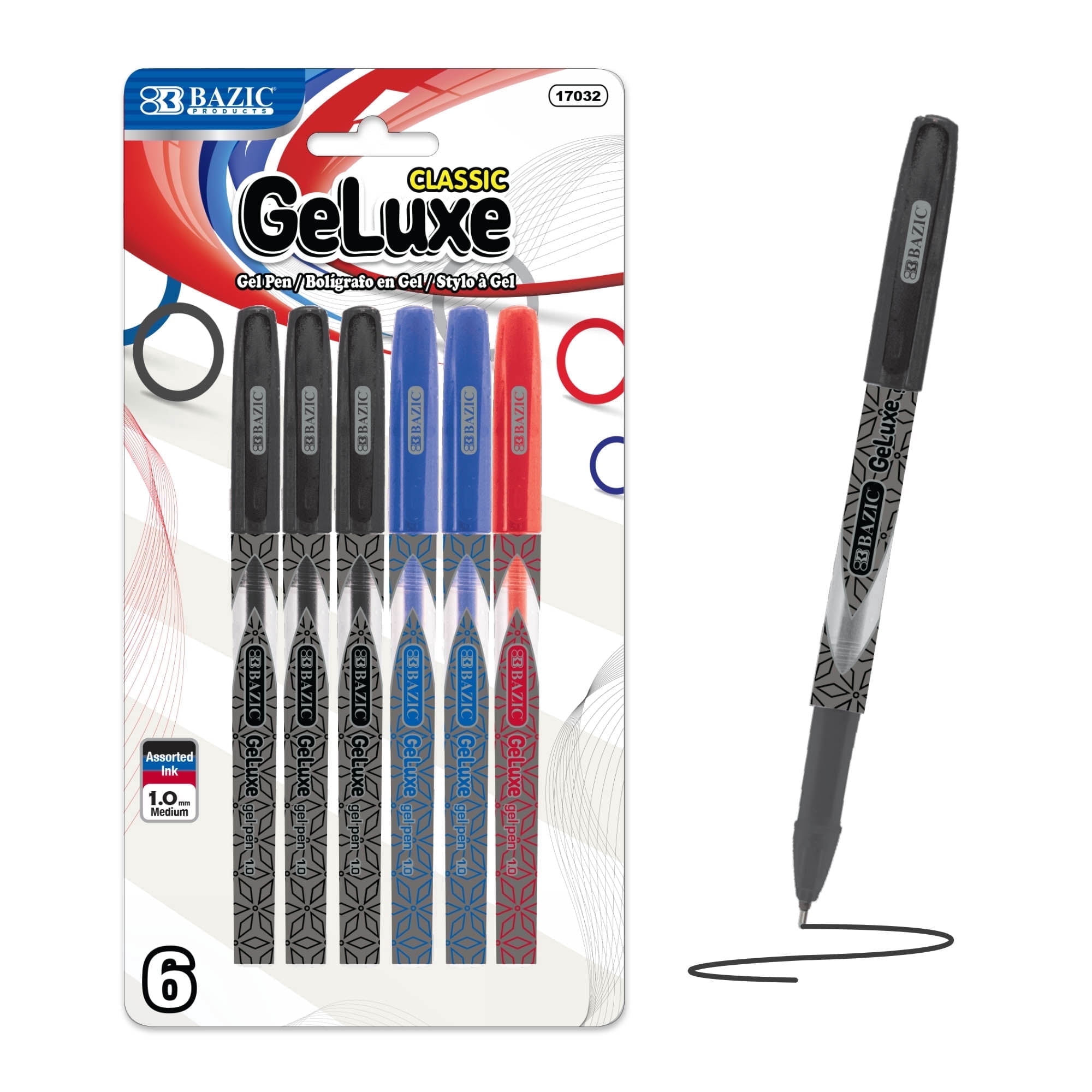 BAZIC GeLuxe Gel Ink Roller Pen, Assorted Colors, 1.0 mm Medium Point (6/Pack), 1-Pack