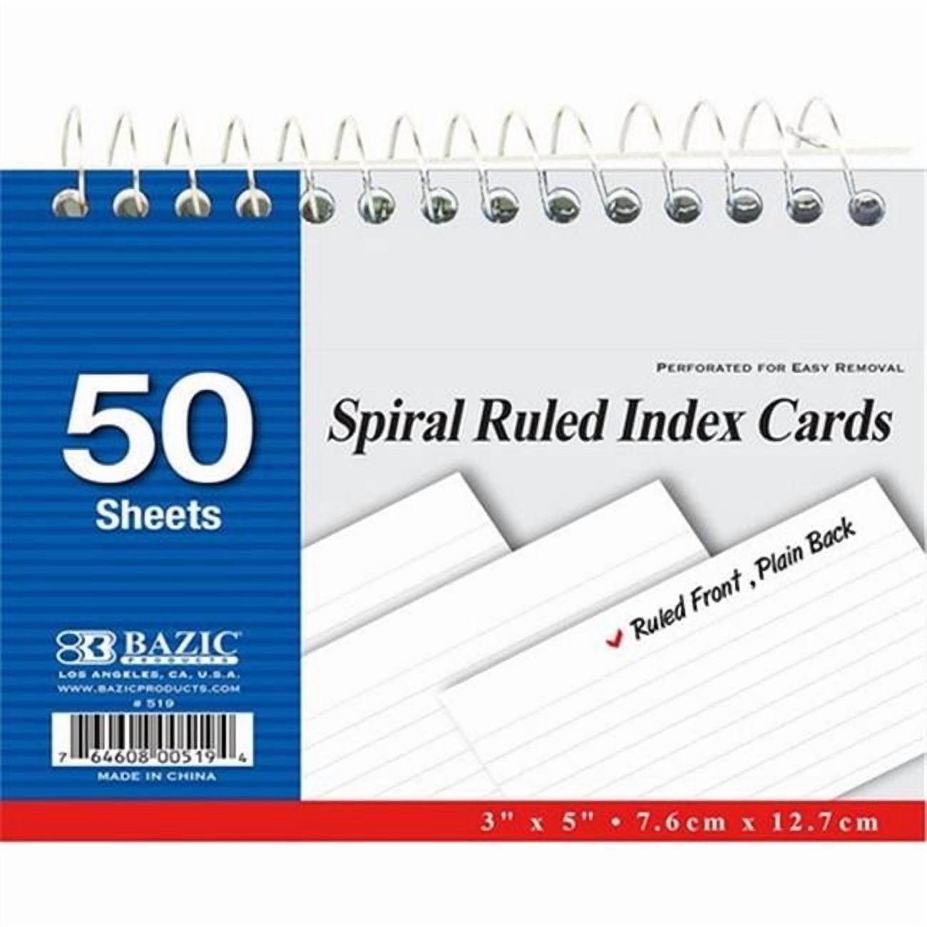 Bazic  50 Ct. Spiral Bound 3'' X 5'' Ruled White Index Card Case of 36