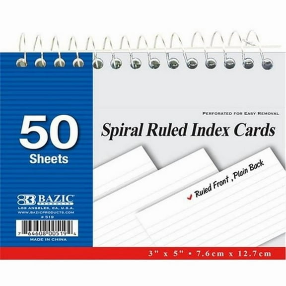 Bazic 50 Ct. Spiral Bound 3'' X 5'' Ruled White Index Card Case of 36