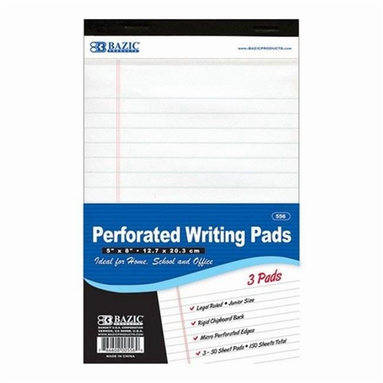 Bazic 556  50 Ct. 5'' X 8'' White Jr. Perforated Writing Pad (3/Pack)  Case of 24