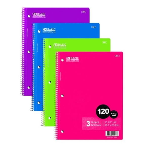 Bazic 561 C/R 120 Ct. 3-Subject Spiral Notebook Case of 24