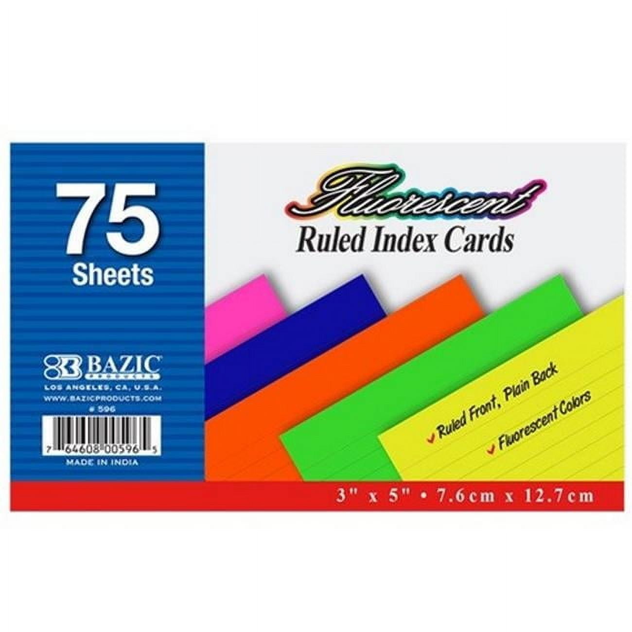 Bazic 596   75 Ct. 3'' X 5'' Ruled Fluorescent Colored Index Card Case of 36