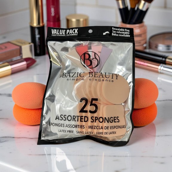 Bazic Beauty Makeup Sponge Set 25 Count Assorted Shapes Latex Free Reusable Cosmetic Sponges 1 Pack