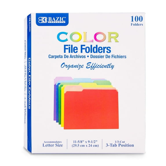Bazic COLOR File Folders 1-Tab Letter/Legal Size Assorted Colors 100/Box (BAZ3149)
