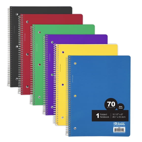Bazic ProduSheetss 559 Spiral Notebooks, 1-subjeSheets, Wide Rule, Assorted Color Covers, (70) 10.5 X 8 Sheets, 24/carton