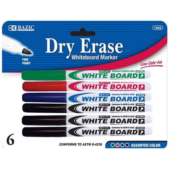 Bazic Products -12 Fine Tip Dry-Erase Marker - Assorted Color - 6 Per Pack - Pack of 12