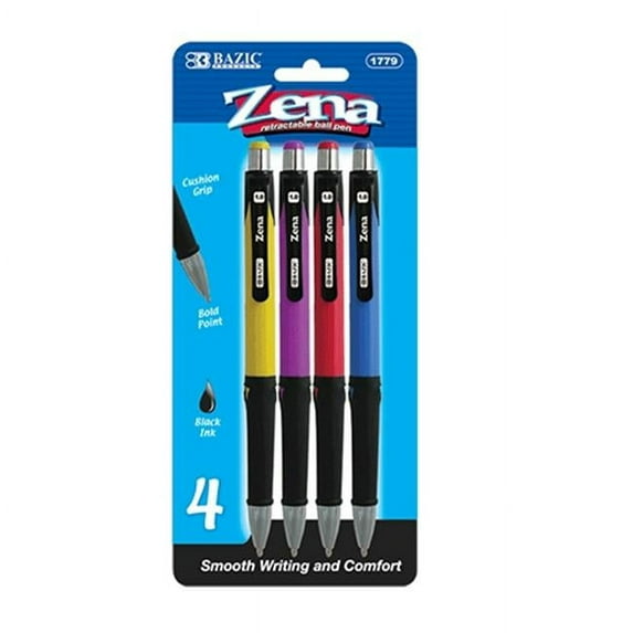 Bazic Products 1779-144 BAZIC Zena Retractable Ballpen with Cushion Grip - 4-Pack Case of 144