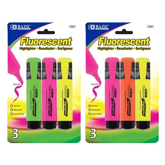 Bazic Products  Fluorescent Highlighters with Pocket Clip, Pack of 3 - Case of 24