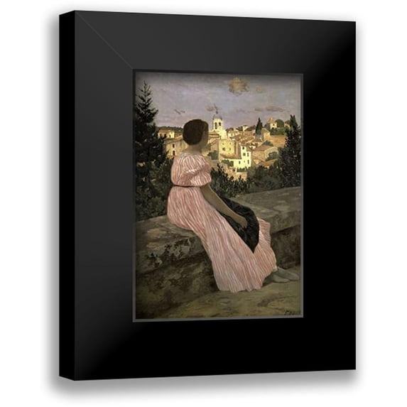 Bazille, Frederic 14x18 Black Modern Framed Museum Art Print Titled - The Pink Dress (View of Castelnau-le-Lez, Herault)