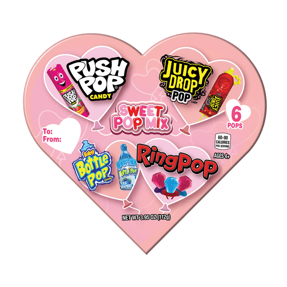 Bazooka Candy Brands Sweet Pop Mix of Valentine’s Day Heart-Shaped Lollipop Gift Box, Ring Pop, Juicy Drop Pop, Baby Bottle Pop, Push Pop, 6 Pops