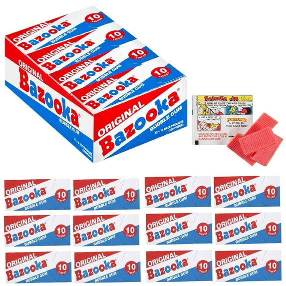 Bazooka Bubble Gum Individually Wrapped Chewing Gum in Original Flavor 10 Piece Mini-Wallet Packs with Comics, Display Tray of 12 Packs