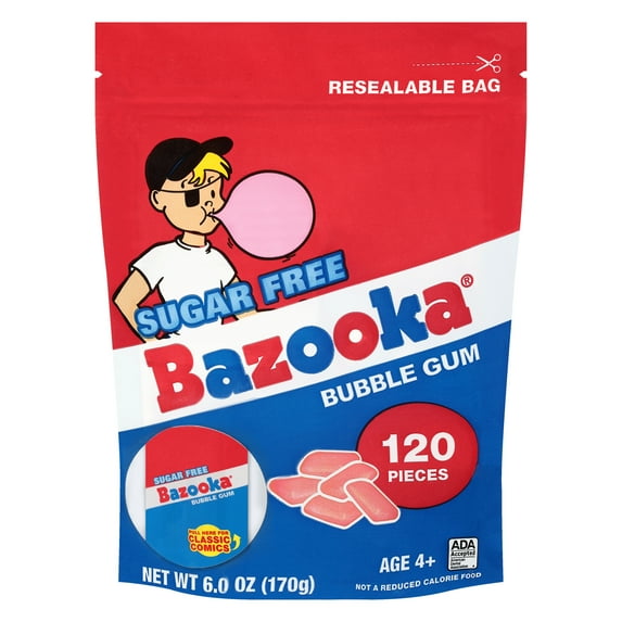 Bazooka Sugar-Free Bubble Gum Pellets Bag - 120 Count Bulk Gum, Original Flavor, Resealable Pouch Perfect for Sharing, Ideal for Parties & Vintage Themes, Nostalgic Chewy Gum