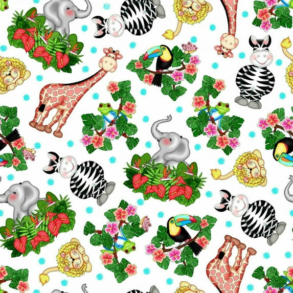 Bazoople Tossed Jungle Animals 70709 Giraffe Lion 100% Cotton Fabric by the Yard