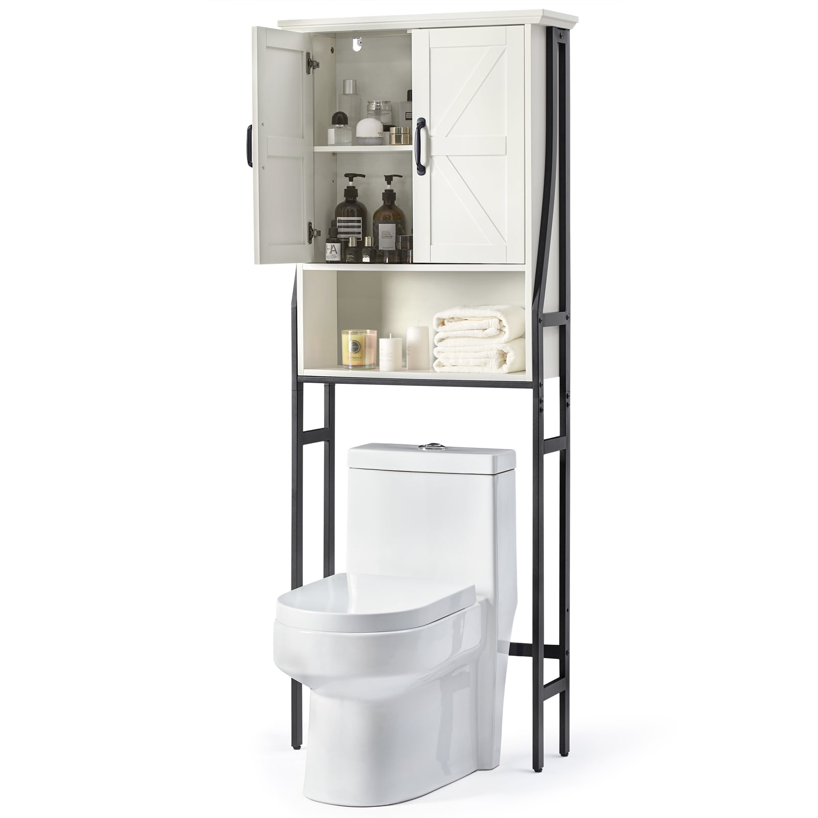 Baztin Over the Toilet Storage, Over The Toilet Storage Cabinet with Barn Doors Above Toilet Storage Organizer Rack Spacesaver Cabinet Behind Toilet Bathroom - White