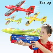 Baztoy 3 Pack Catapult Airplane with Stickers, LED Lights and Launcher Xmas Gifts for 4-12 Kids, Red, Yellow, Green