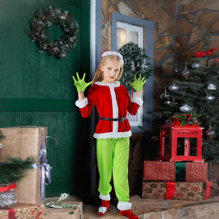 Bazyrey Grinch Decorations Christmas Green Costume Kids Santa Suit Belt Pants Set Cosplay Child Outfit Party Vacation Gifts