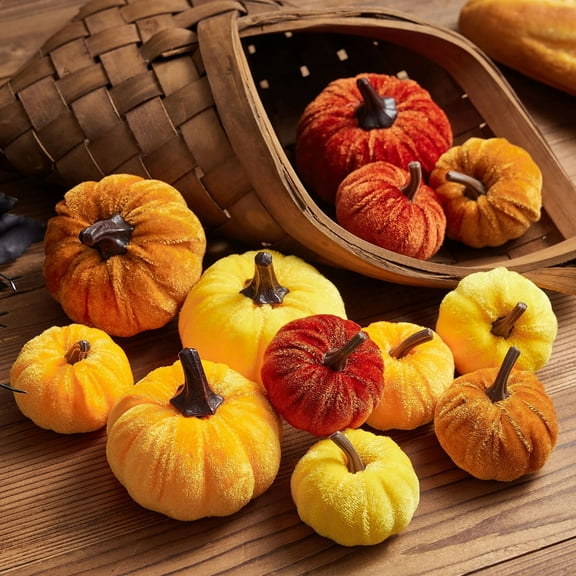 Bazyrey Velvet Pumpkins Fake Mini Pumpkin,Halloween Decor 12pcs Artificial Fake Velvet Pumpkins Decoration for Fall(Orange+Yellow),Happy Halloween Thanks Giving Day Autumn Decorations