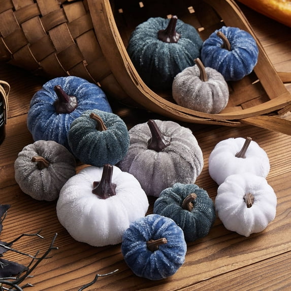 Bazyrey Velvet Pumpkins Fake Mini Pumpkin,Halloween Decor 12pcs Artificial Fake Velvet Pumpkins Decoration for Fall(White+Gray),Happy Halloween Thanks Giving Day Autumn Decorations