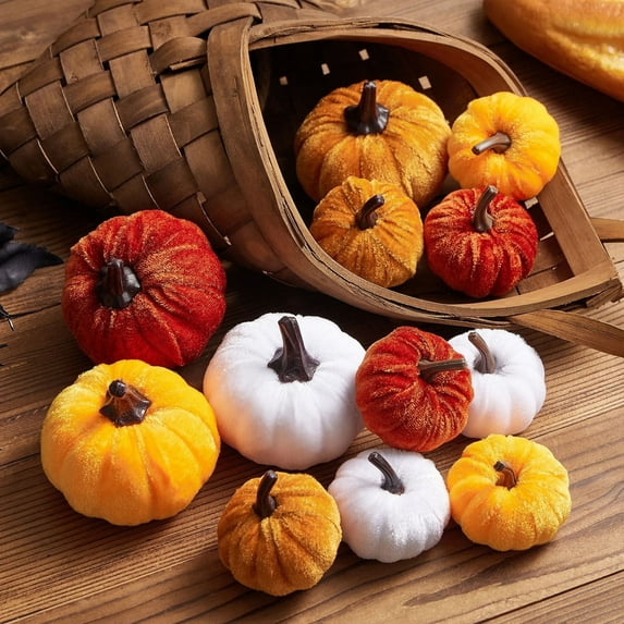 Foraging dimple Velvet Pumpkins Fake Mini Pumpkin,Halloween Decor 12pcs Artificial Fake Velvet Pumpkins Decoration for Fall(White+Yellow),Happy Halloween Thanks Giving Day Autumn Decorations