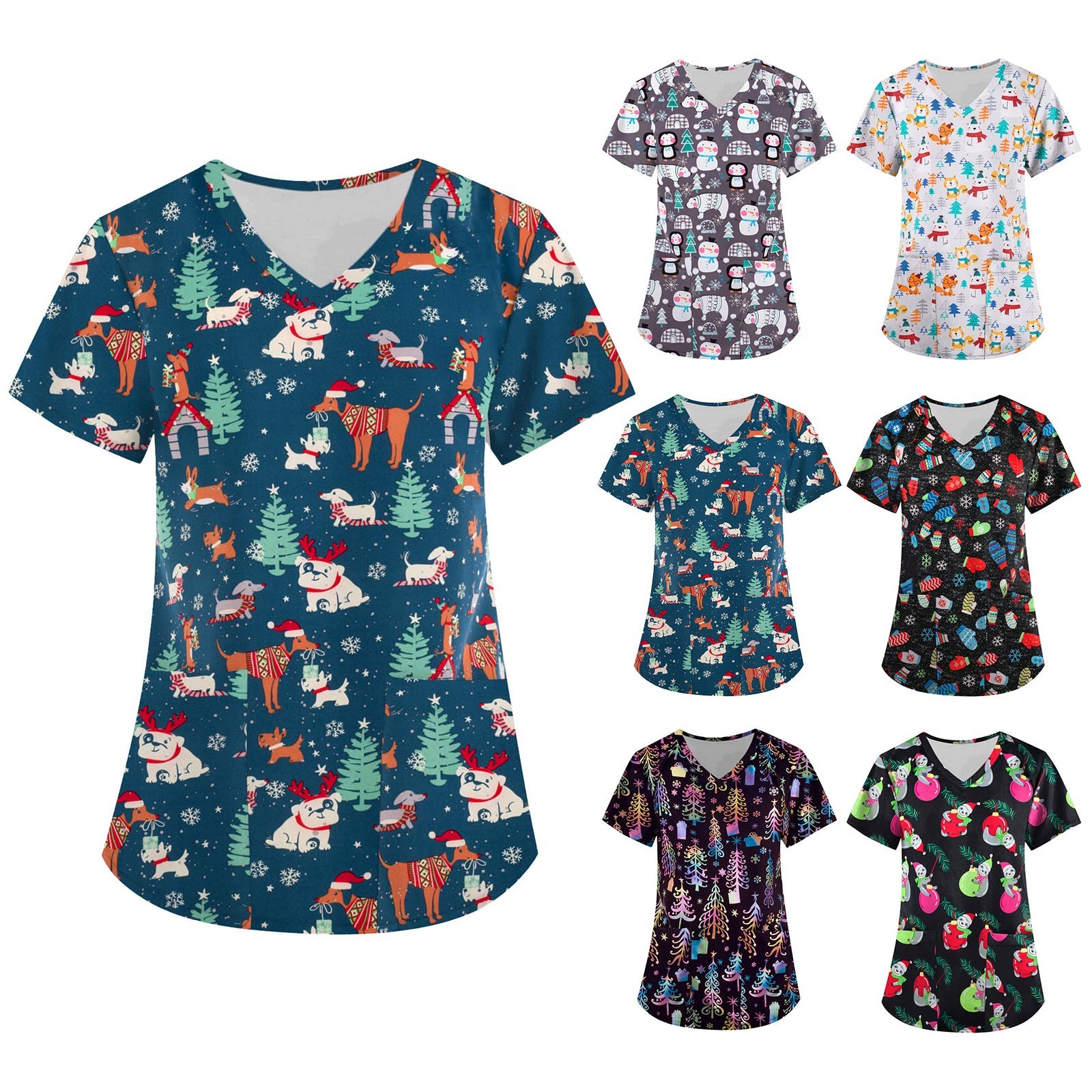 Bazyrey Women Plus Size Scrub Tops Short Sleeve V Neck Christmas