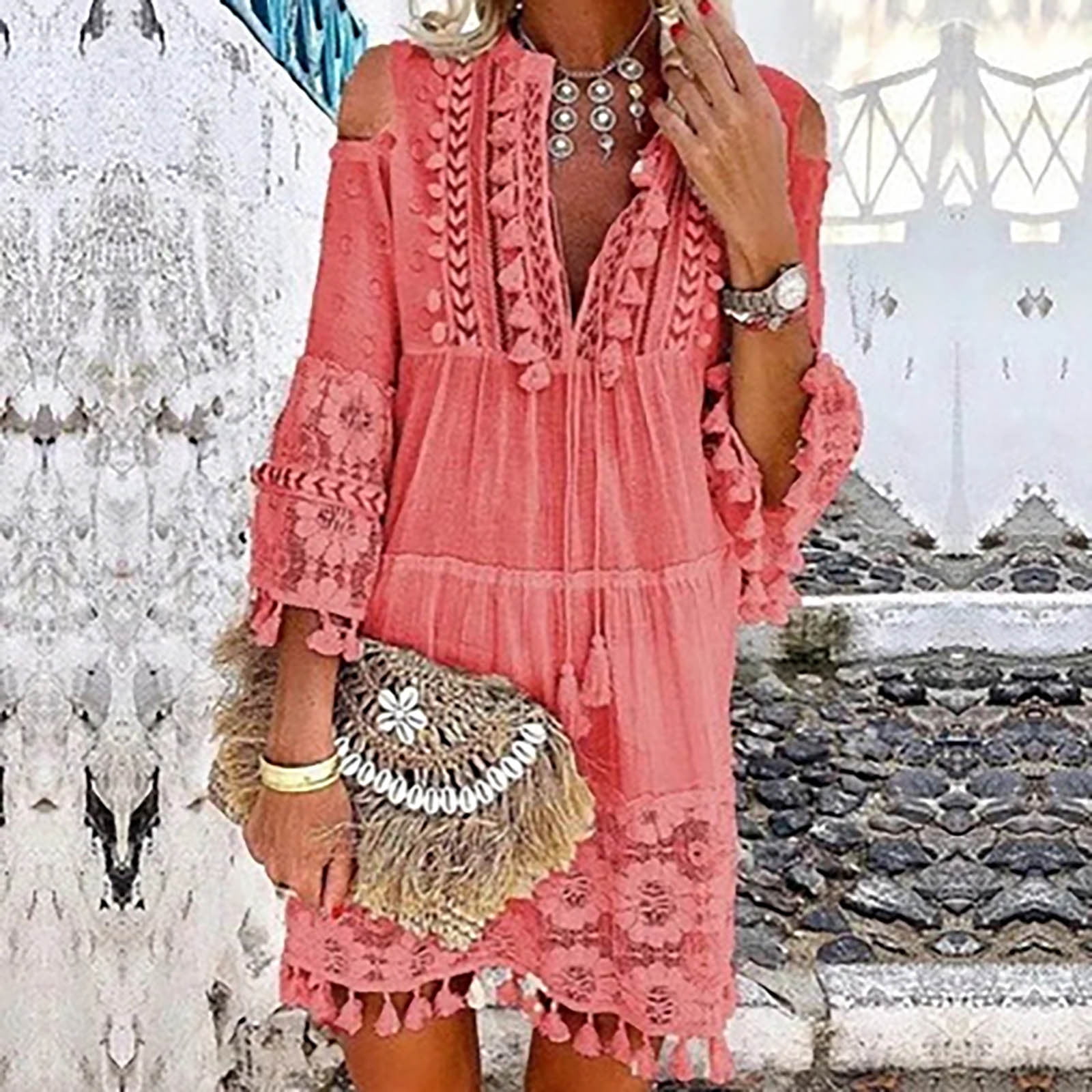 Linen Shirt Dress Boho Clothing Women Tribal Fringe Dress Pink Shirtdress  Gypsy Outfits Western Long Sleeve Dress / Dusty Rose 
