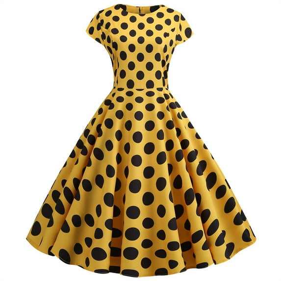 Bazyrey Womens Round Neck Dresses Vintage 1950s Retro Dot Print Evening Party Prom Swing Dress M