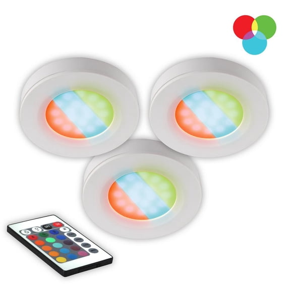 Bazz U00073RG LED RGB Under Cabinet Puck Lights, Linkable, Adjustable, Remote Control, Easy Installation, 2.75-in, 3 Piece