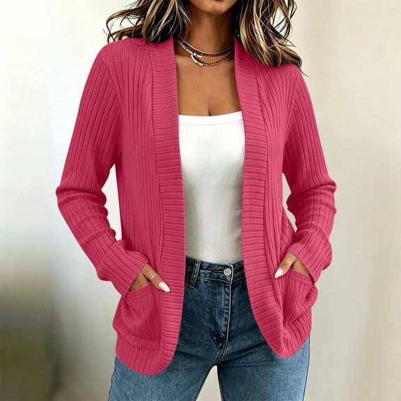 Bazzctt Womenes Ribbed Cardigans Sweaters- Fall Open Front Long Sleeve Lightweight Casual Knit Cardigan with Pocekts Hot Pink Size M