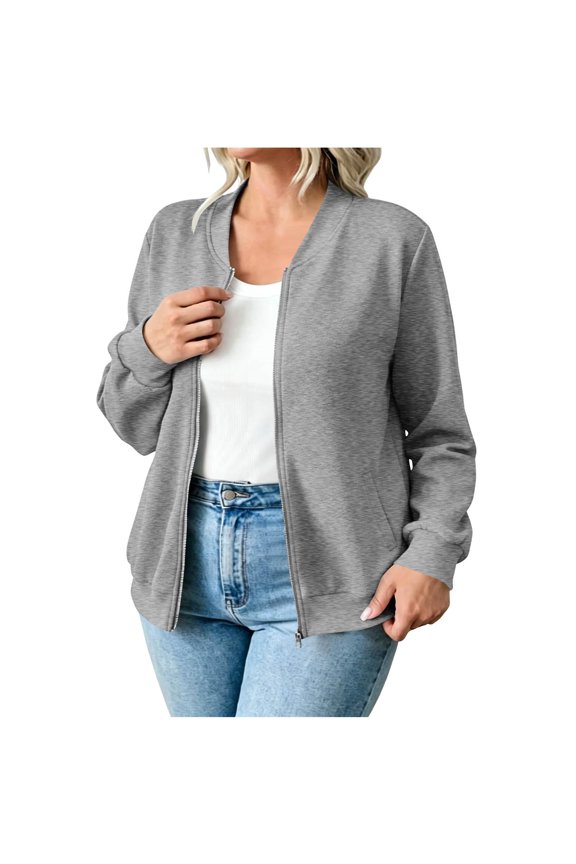 Womens Bomber Jacket with Pockets- Zip Up Long Sleeve Lightweight Casual Track Jackets Fall Outwear Gray Size 2XL