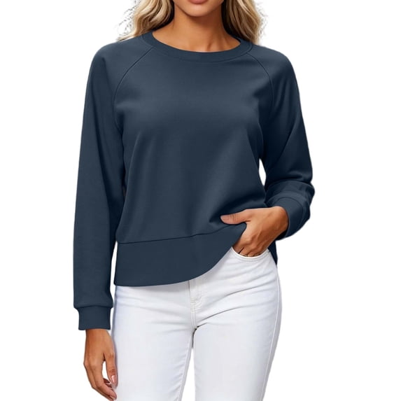 Bazzctt Womens Cropped Sweatshirt- Crewneck Casual Regular Fit Long Sleeve Pullover Fall Tops Navy Size L