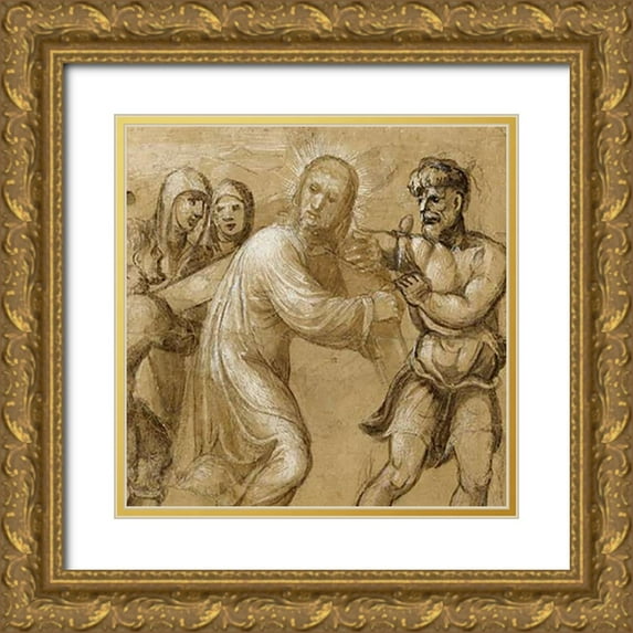 Bazzi, Giovanni Antonio 12x12 Gold Ornate Wood Framed with Double Matting Museum Art Print Titled - Museumist Carrying the Cross (recto); The Resurrection (verso)
