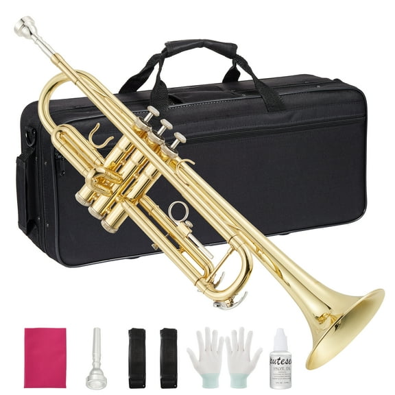 Bb Trumpet for Beginner,Brass Student Trumpet Instrument with Hard Case, Gloves, Cleaning Kit, 3 Valve Student Instrument