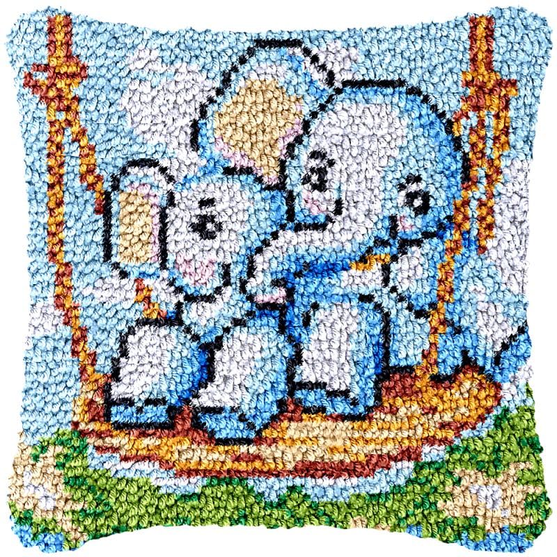 Bbay Elephant Swing Latch Hook Pillow Cover Kits for DIY Handmade Throw Pillow Cross Stitch Latch Hook Pillowcase Rug Kits with Preprinted Color Pattern Canvas Crochet Yarn Kits 17''X 17''(ch58)