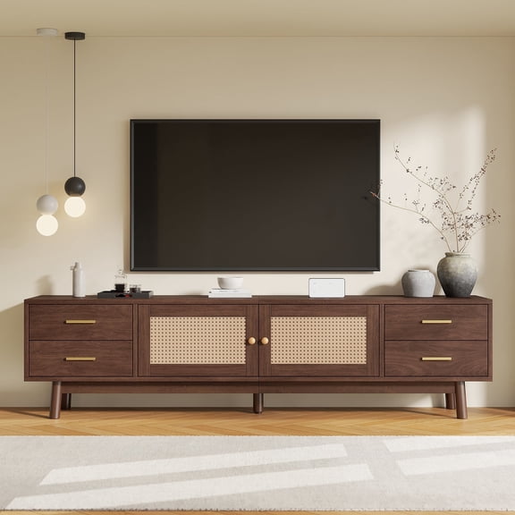 Bbbnuuiy 70" Brown TV Stand, ample space for TV up to 80", Mid-Century Modern Television Stand with Power Outlet, 2 Cabinets and 4 Drawers