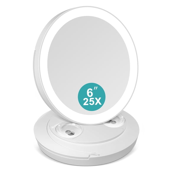 Bbeaty Planet 25X Magnifying Lighted Mirror with 3 Suction Cups and Foldable Kickstand, White.