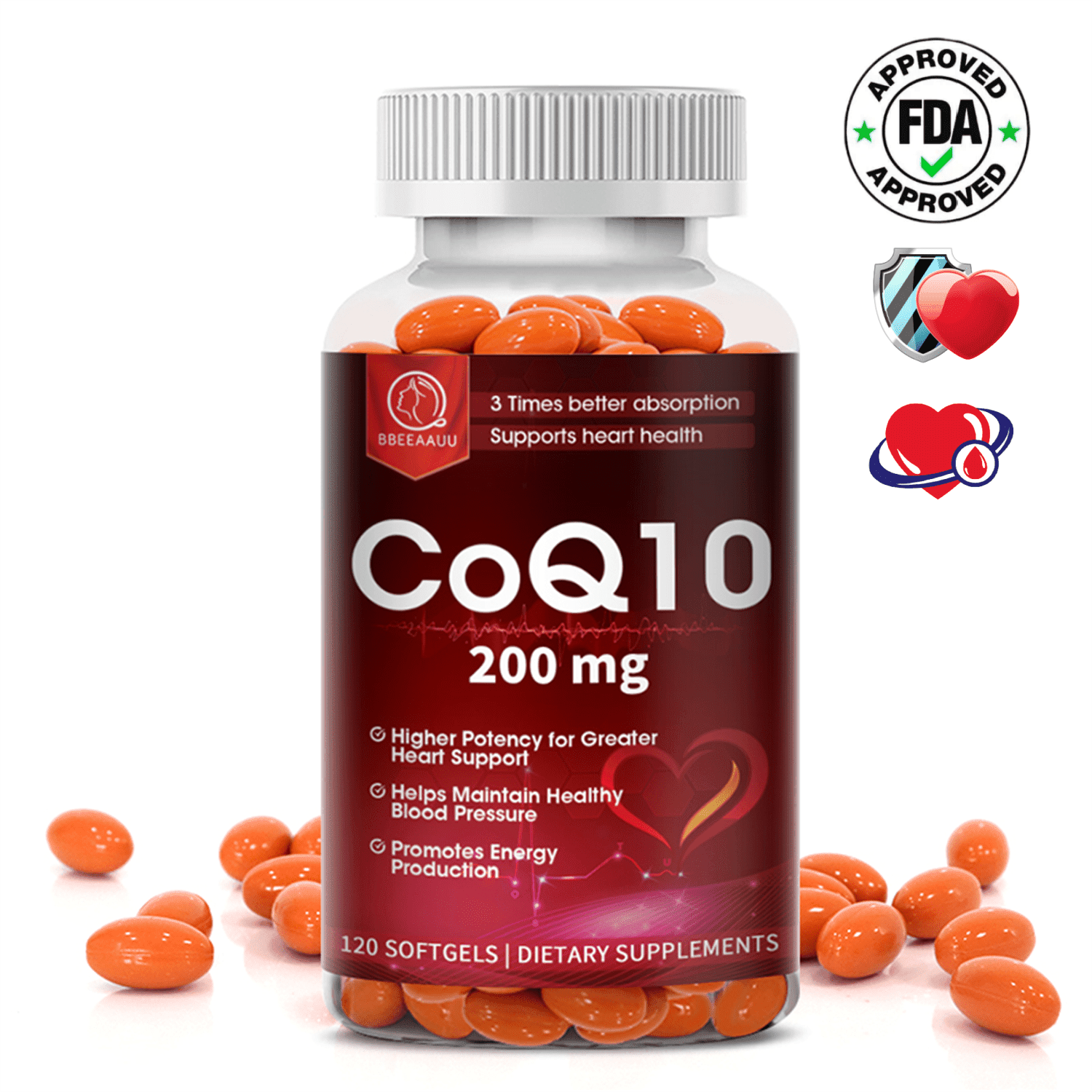Bbeeaauu Natural Coenzyme Q10 Antioxidant Supplement 200mg for Heart, Brain & Immunity Support - 120 Capsules