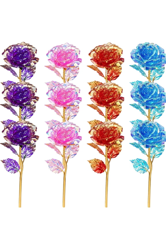 12 Pcs 24K Galaxy Rose Artificial Flowers 4 Colors Forever Rose Gifts for Women Mom Wife Daughters Sister Mothers Day Valentine's Day Birthday Wedding Decoration
