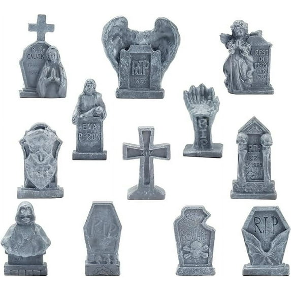 Bbiamsleep 12 Pcs Miniature Tombstone Figurines Miniature Resin Tombstones Multiple Styles Cemetery Scene Diorama Decoration Accessories