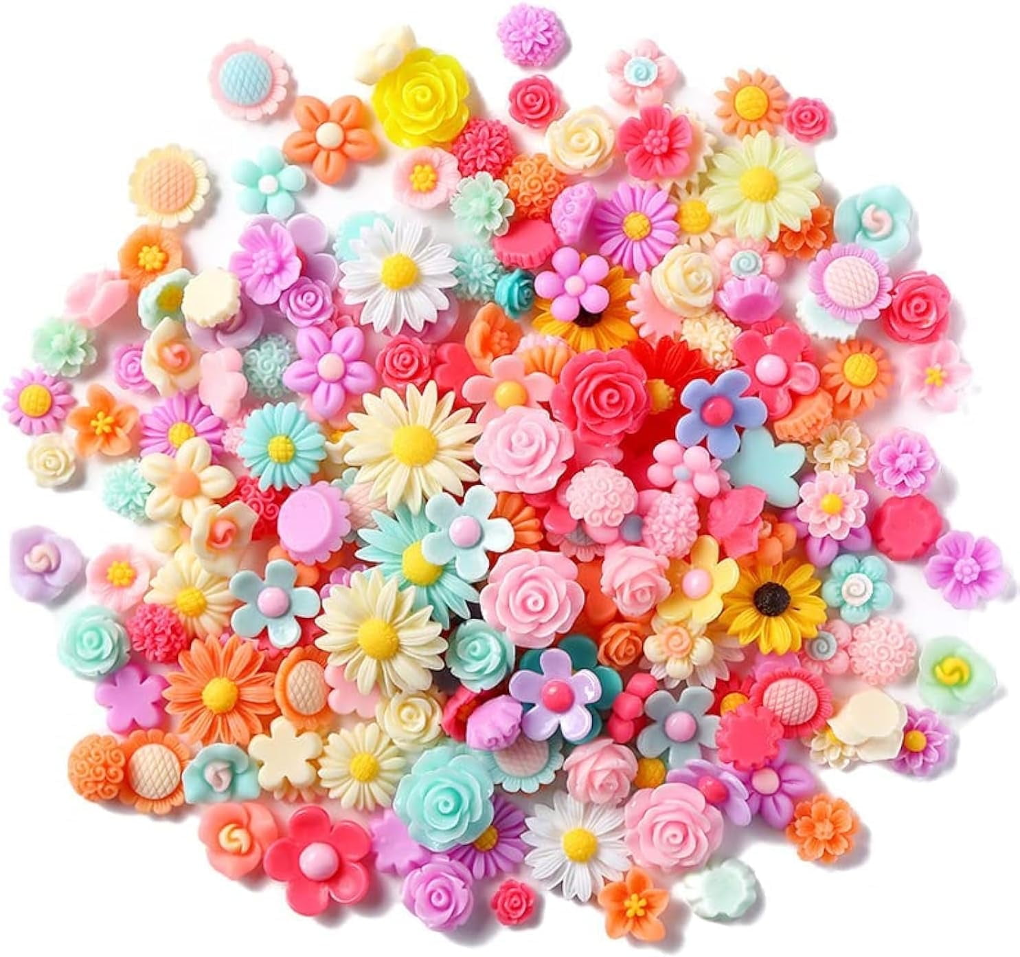Bbiamsleep 150 PCS Flatback Resin Flower Charms Mini Resin Flower Beads Charms Cabochons Embellishment Mixed Colors Daisy Flower Resin Slime Charms for DIY Craft Scrapbooking Hair Clip Decor