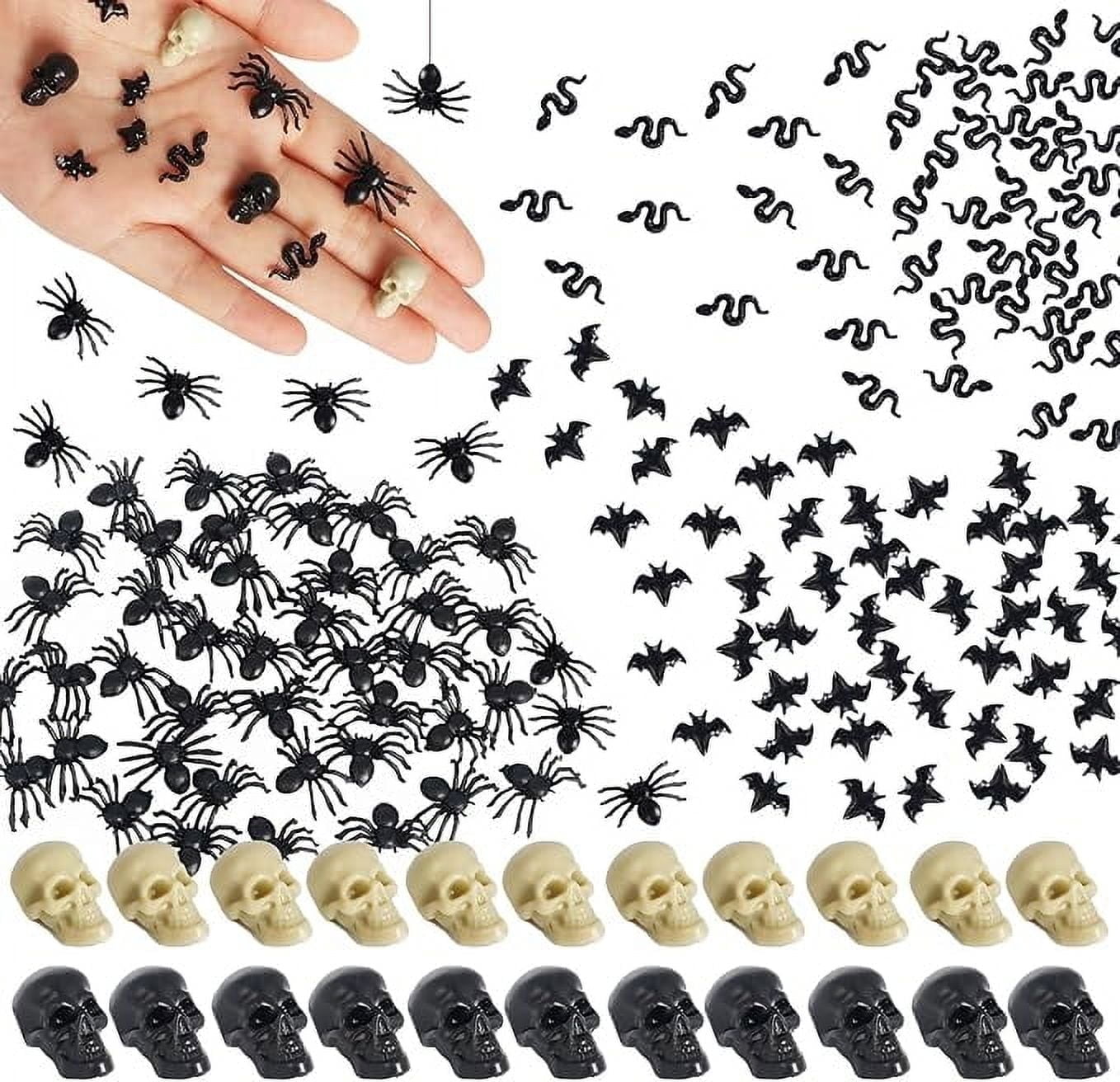Bbiamsleep 200pcs Mini Plastic Spiders Skull Heads Bats Snake Miniature Resin Realistic Spider Fake Halloween Skull Heads Bats Snake Figurines for Fairy Garden Micro Landscaping Trick Joke