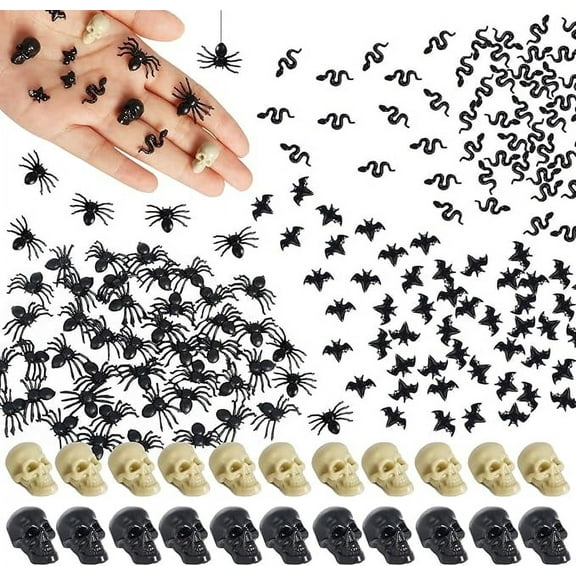 Bbiamsleep 200pcs Mini Plastic Spiders Skull Heads Bats Snake Miniature Resin Realistic Spider Fake Halloween Skull Heads Bats Snake Figurines for Fairy Garden Micro Landscaping Trick Joke