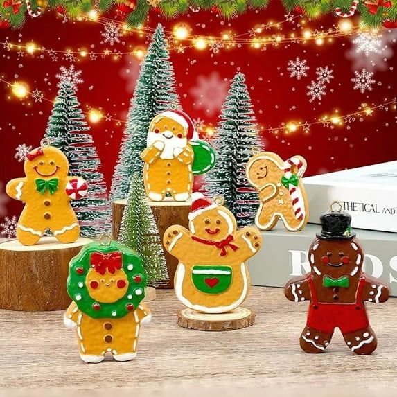 Bbiamsleep 6pcs Gingerbread Man Ornaments for Christmas Tree Resin Gingerbread Figurines Ornaments Christmas Tree Hanging Decorations