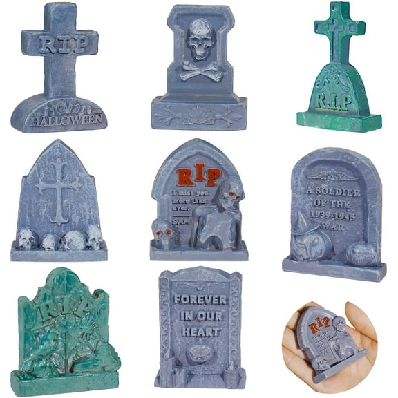 Bbiamsleep 8 Pcs Miniature Halloween Tombstones Resin Mini Village Gravestones for DIY Halloween Graveyard Scene Decor