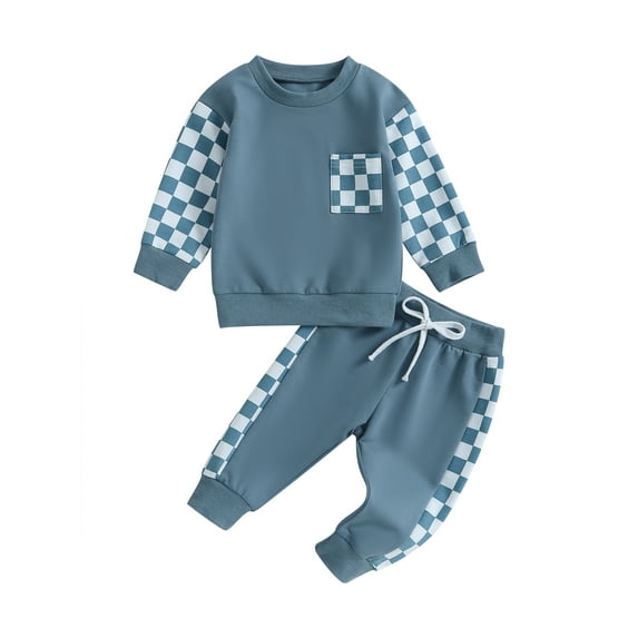 BblyThe 0-3T Toddler Baby Boys Fall Outfits Checkerboard Patchwork Long Sleeve Sweatshirts and Elastic Waist Pants Outfits