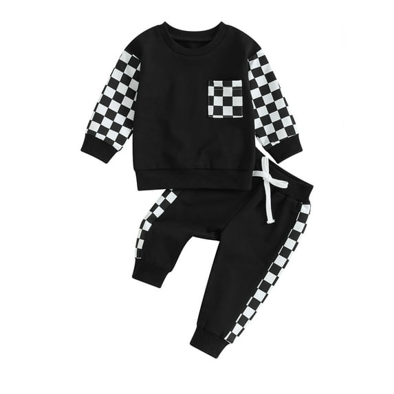 BblyThe 0-3T Toddler Baby Boys Fall Outfits Checkerboard Patchwork Long Sleeve Sweatshirts and Elastic Waist Pants Outfits