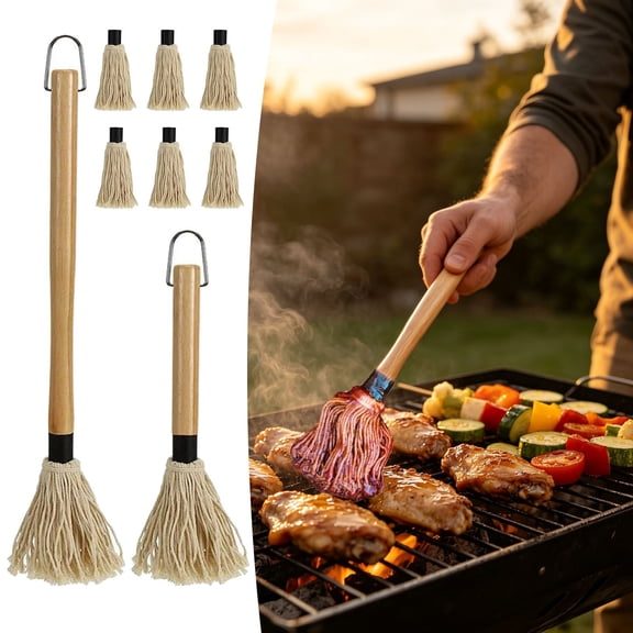 Bbq Basting Mop Set With 6 Replacement Cotton Heads & 2 Sizes Grill Sauce Brush Reusable Absorbent Baster For Kitchen Pastry Glazing(Beige-46.5Cm)