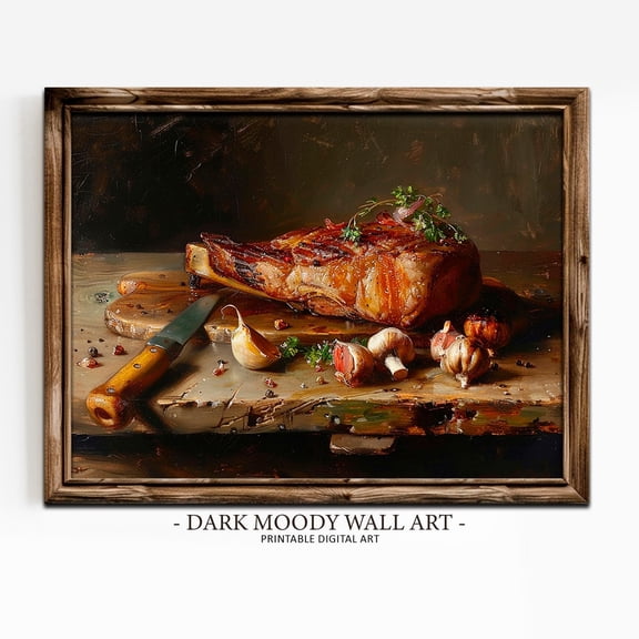 Bbq Meat Wall Art Print, Grilled Steak, Moody Food Still Life, Rustic Farmhouse, Kitchen And Gallery Wall Decor