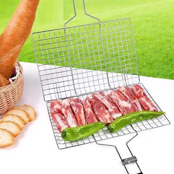 Bbq Mesh Grill Basket Rack Barbecue Handle Meat Burger Fish Stand Outdoor Garden