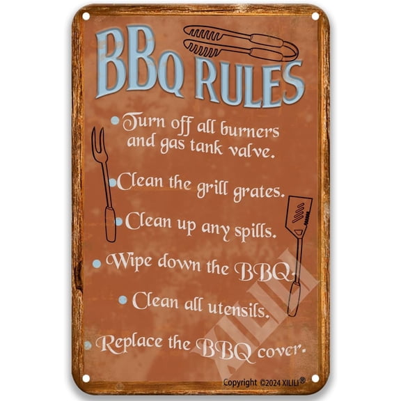 Bbq Rules Turn Off Burners Clean Grill Grates Spills Poster Tin Sign Tin Signs Vintage Signs For Coffee Bar Signs For Man Cave 12X8 Inch Metal Sign